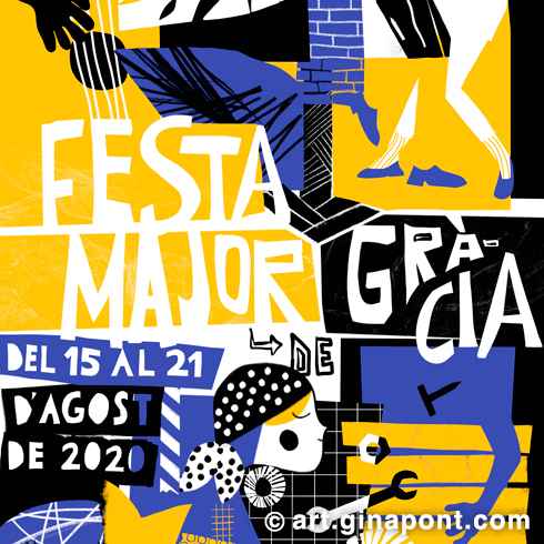 The poster was selected and exposed in the competition for 2020’s festival in Gràcia. A collage in a modern style, shows different moments in Gràcia’s festa major: decorating the streets, music and dance, giants.