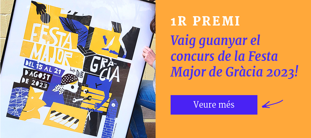 Cartell il·lustrat de la Festa Major de Gràcia 2023 emmarcat, amb disseny en colors groc, blau i negre. La composició inclou elements gràfics com instruments musicals, una torre i eines, que representen la varietat d'activitats de la festa. Dates de l'esdeveniment: del 15 al 21 d'agost de 2023. La il·lustració captura l'esperit vibrant d'aquesta celebració al barri de Gràcia de Barcelona.