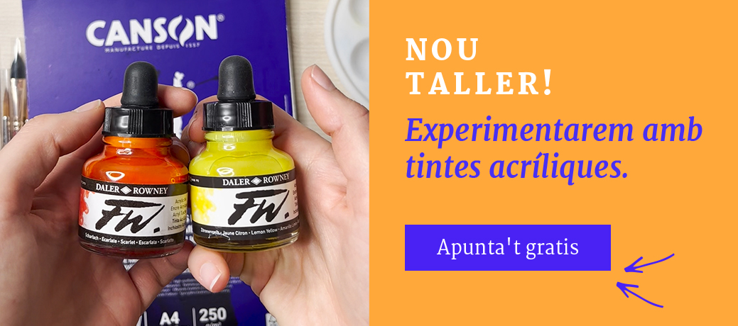 Dos pots de tinta acrílica FW de colors vermell i groc, subjectats davant d'un bloc de paper Canson, ideals per a tallers d'urban sketching. En aquesta pàgina, pots inscriure't a classes per aprendre tècniques de dibuix urbà i participar en sortejos gratuïts de materials artístics.