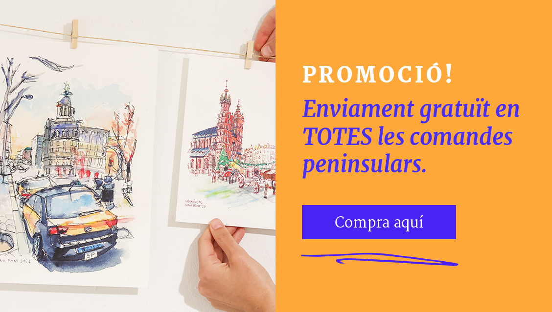 Comprar il·lustracions en línia en tècnica d'urban sketching: dues obres en tinta i aquarel·la d'escenes urbanes, una de les quals mostra un carrer amb un taxi en primer pla i un edifici històric al fons, mentre que l'altra representa la plaça del mercat amb la basílica de Santa Maria i un carruatge a Cracòvia. Cada il·lustració captura els detalls i l'ambient de cada ciutat, disponibles per a qui busca art original d'escenes urbanes en aquarel·la.