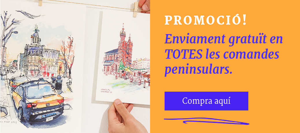 Comprar il·lustracions en línia en tècnica d'urban sketching: dues obres en tinta i aquarel·la d'escenes urbanes, una de les quals mostra un carrer amb un taxi en primer pla i un edifici històric al fons, mentre que l'altra representa la plaça del mercat amb la basílica de Santa Maria i un carruatge a Cracòvia. Cada il·lustració captura els detalls i l'ambient de cada ciutat, disponibles per a qui busca art original d'escenes urbanes en aquarel·la.
