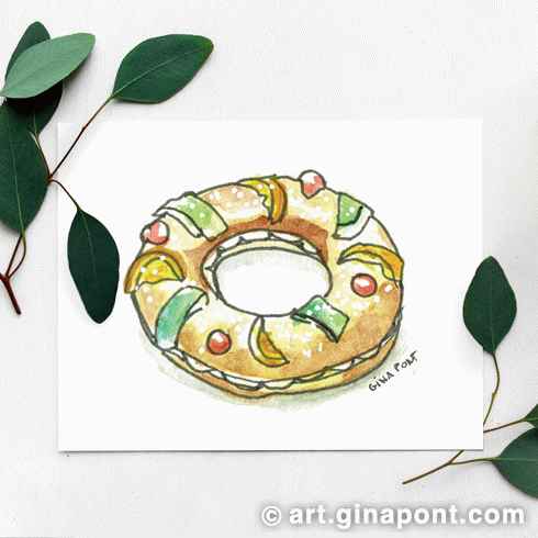 Christmas card:
					Watercolor and rotring sketch of King Cake.
