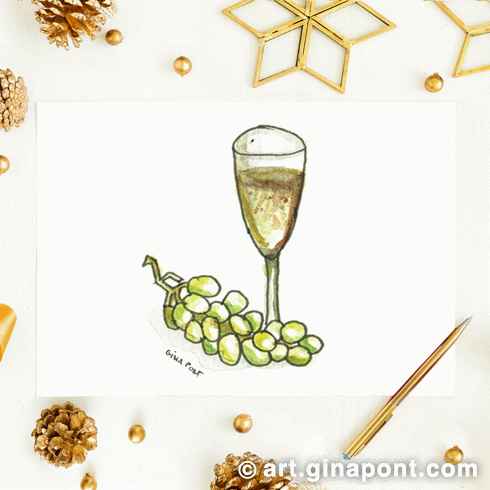 Postal de Navidad: Dibujo urbano en acuarela de uvas y champán, representando la víspera de Año Nuevo.
