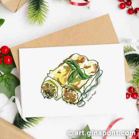 Christmas card: Watercolor and rotring sketch of cannelloni, a traditional catalan Christmas meal.