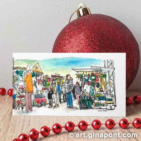 Felicitación navideña: Boceto en acuarela y rotring de la Fira de Santa Llúcia, el tradicional mercado navideño catalán.