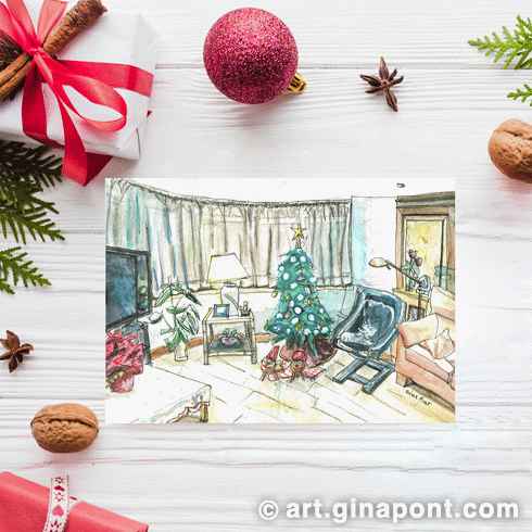 Christmas card: Watercolor and rotring sketch of a dining room with Christmas decorations.