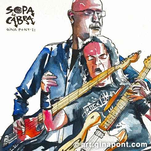 Cuco me pidió capturar un momento épico con su amigo Peck en el escenario. Es un verdadero honor dibujar para Sopa de Cabra, uno de los máximos representantes del movimiento rock català y de mi infancia.