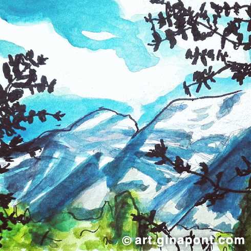 Montañas de Bielsa: Dibujo en acuarela y rotring en venta.