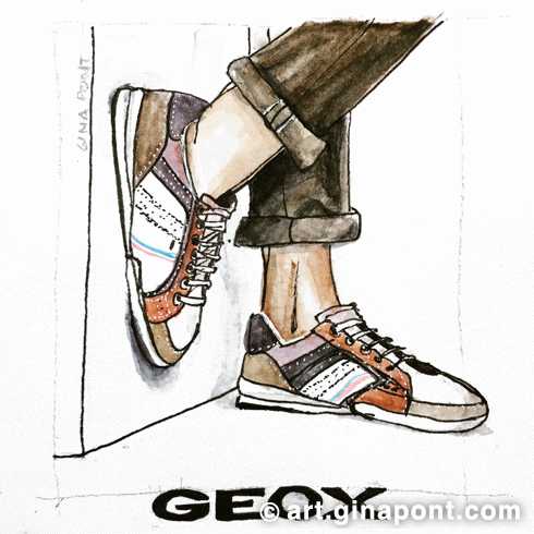 Watercolor sketch of the brand of shoe Geox.