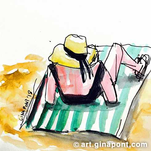 Verano en la playa: Dibujo de acuarela de una mujer tumbada en la playa, mirando al mar en Llafranc, Girona.