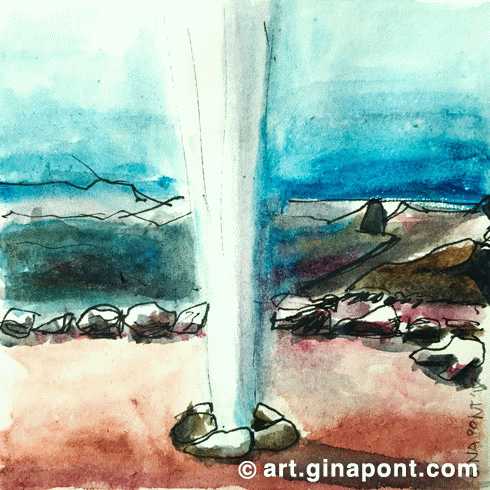 Watercolor sketch of the Timanfaya National Park geyser in Lanzarote, Canary Islands.