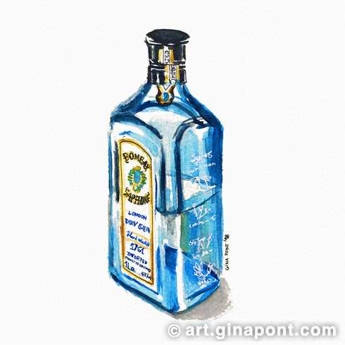 Watercolor and pencil drawing of a bottle of Bombay Sapphire.