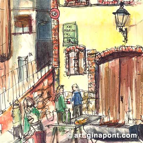 Urban watercolor sketch made during the Fira de l'oli XIII. The Fira de l'Oli de Cabacés is an annual event in Cabacés, Tarragona, Spain, that promotes local olive oil through tastings and cultural activities.
