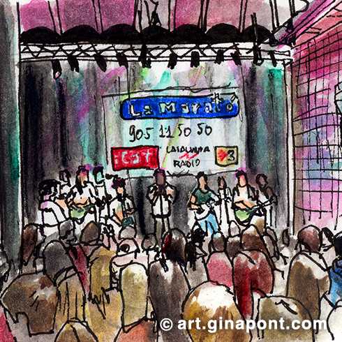 Urban watercolor sketch of a concert for La Marató de TV3. In 2018, funds raised go to cancer research.