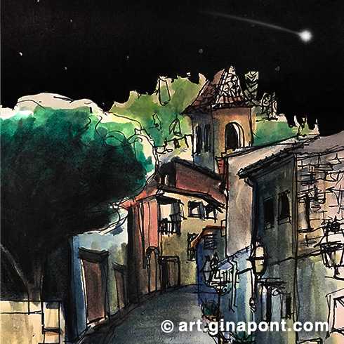 Watercolor drawing of the village of Cabacés. The illustration shows the climb up to the church and, as the scene is so Christmassy, I have added a shooting star.