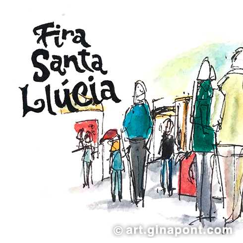 Urban watercolor sketch of the Fira de Santa Llúcia. It is traditionally located in the Plaza de la Catedral in Barcelona, in the Gothic quarter of the city. The drawing, done live, portrays the Christmas market that has been held annually since the 18th century, offering a wide variety of Christmas-related products, such as decorations, nativity scenes, Christmas trees, figurines and handicrafts.