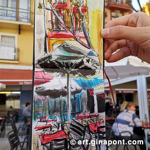 Ink and watercolor drawing made live at vermouth time in Lleida. In the background we see the terrace of the bar Lo Marraco.