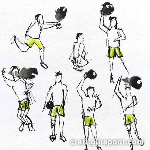 Sketch in ink and watercolor made live during Volleyball training in Barceloneta. The drawing shows different postures common in this sport, captured from observation.