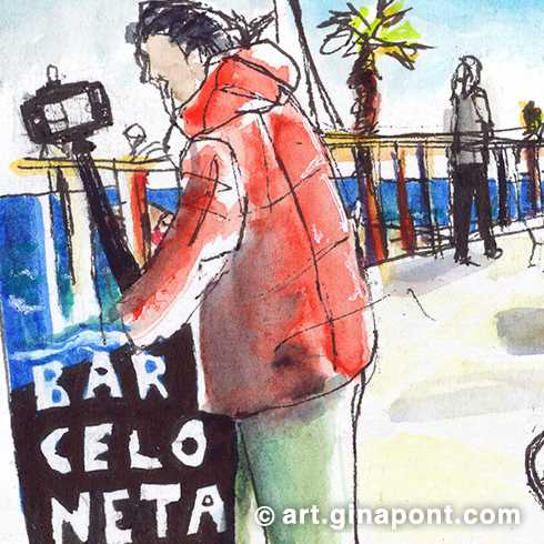 Boceto urbano en acuarela del paseo marítimo siempre concurrido por deportistas locales y turistas. Como curiosidad, este dibujo es de los pocos que me he representado yo misma dibujando.