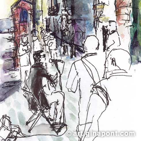 Sketch in ink and watercolor of the bustle of everyday life in the center of Barcelona, in the square where the Cathedral is located. The drawing shows a strolling singer among the coming and going of tourists.