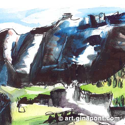 Boceto dibujado in situ en tinta y acuarela durante un descanso en la excursión de Los Llanos de La Larri. Las montañas están representadas en negro para crear contraste con la vegetación y el cielo azul intenso.
