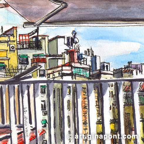Urban sketch in ink and watercolor of the views of an apartment near Joanic. I wanted to try an original framing of the drawing, showing the views through the balcony railings.