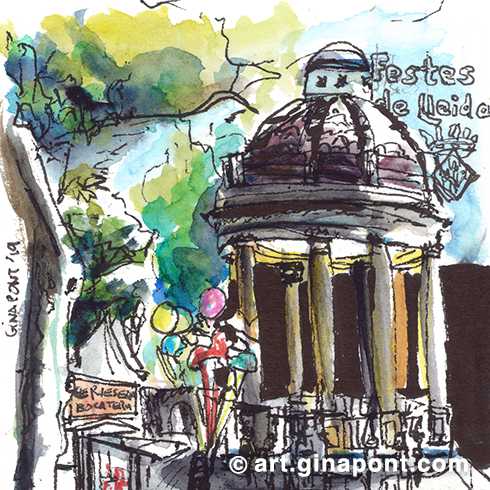 Boceto urbano dibujado in directo en tinta y acuarela. Representa una de las muchas escenas que tuvieron lugar durante la Festa Major de Lleida 2019. En este caso, vemos 