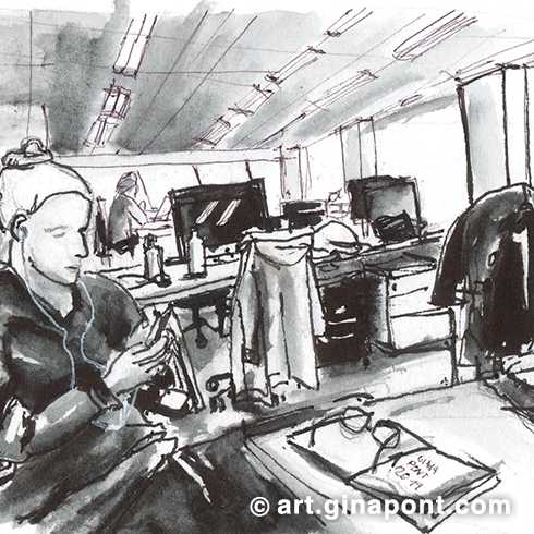 Boceto en monocromo dibujado in situ en tinta y acuarela. El dibujo muestra las vistas que tenía desde mi sitio de trabajo de DDB durante el descanso del mediodía.
