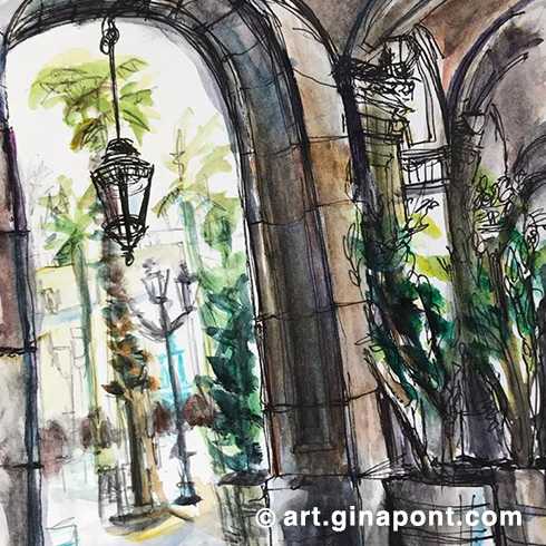 USK Event with Urban Sketchers and Setba Foundation: Watercolor and rotring sketch of Plaça Reial, 2019.
