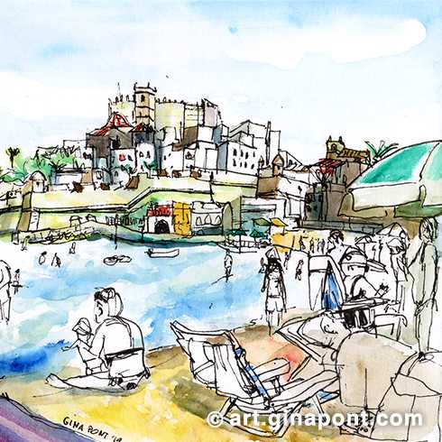 Urban sketch drawn from the beach of Peñíscola in ink and watercolor. In the background we see the castle of Papa Luna.