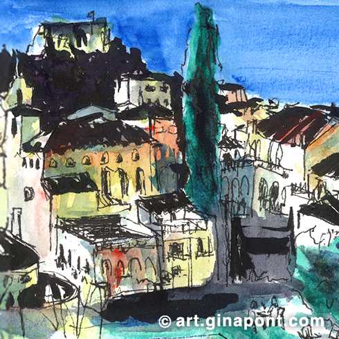 Urban sketch drawn in ink and watercolor of the view of Begur at night. The drawing is made live from the Mirador Monumento Carmen Amaya.