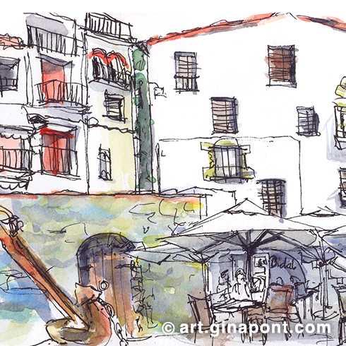 Sketch drawn in situ in ink and watercolor of the Port Bo Square in Calella. In the drawing I get the white of the facades with the absence of watercolor.