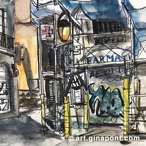 Urban sketch drawn live in ink and watercolor of a facade of a street in Ciutat Vella. I found it very interesting to draw a scaffolding as it is an element that we often overlook.