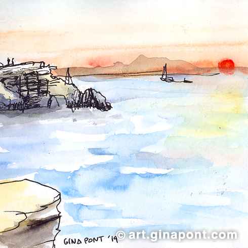 Ink and watercolor sketch made while watching the sunset from the north of the island. As a curiosity, just as a couple proposed dolphins appeared jumping in the sea.