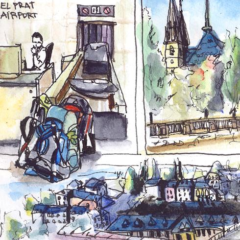 Travel sketchbook in ink and watercolor drawn during the first day from Barcelona to Luxembourg. The vignettes show the check-in of the backpacks, monuments of Luxembourg, our dinner and the night playing dominoes.