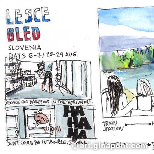 Travel journal in ink and watercolor drawn during the sixth and seventh day from Hallstatt to Bled. From left to right, the composition shows curiosities such as Slovenians going barefoot to shop. I also drew a funny anecdote of when Judit, one of my friends, got stuck in the bathroom of the hostel or that as soon as we arrived we met a cab driver who gave us a great tour of the town. By the way, I highly recommend The Vintgar Gorge. It is an impressive canyon located in the Triglav National Park.