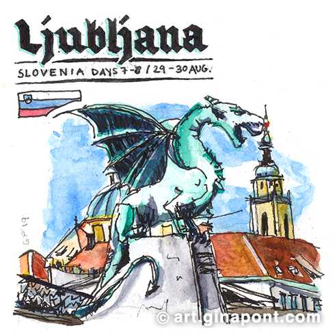 Travel journal in ink and watercolor drawn during the seventh and eighth day from Lesce-Bled to Ljubljana. The vignettes show the dragon statues that abound on its bridge and are part of its coat of arms. Also the Church of the Annunciation with its red facade and the sculpture of the Peasants' Rebellion that caught my attention. As a curiosity, walking at night we saw tango and salsa groups forming and I tried to draw their dance steps.