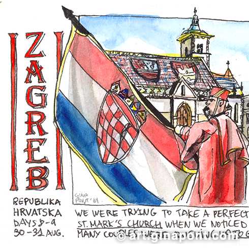 Travel sketchbook in ink and watercolor made during the eighth and ninth day from Ljubljana to Zagreb. In the notebook I drew anecdotes such as couples lined up to get married at St. Mark's Church. They would enter through the back door and leave married through the front. Another curiosity that surprised us is that every noon since 1877 the Croatians fire a cannon.