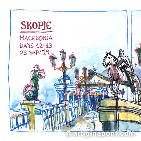 Travel sketchbook in ink and watercolor made during the penultimate stop of the Interrail, from Podgorica to Skopje. I had never visited a city with so many statues, it is said that not even its inhabitants know how many there are, and Skopje is known as the city of 1000 statues!