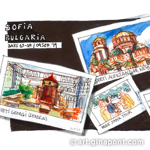 Travel sketchbook in ink and watercolor made during the last stop of the Interrail, from Skopje to Sofia. I drew different monuments that we visited in the Free Tour, like the Church of Saint George, the Saint Alexander Nevsky Cathedral or the Thermal Water Springs. The Tolerance Square caught my attention; a mosque, a catholic cathedral, an orthodox church and a synagogue very close to each other.