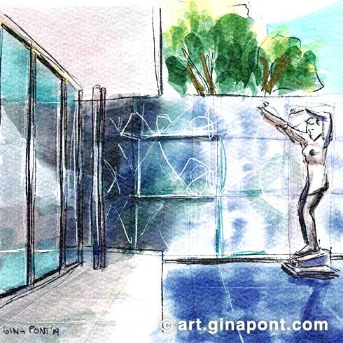 Digital sketch of the interior of the Barcelona Pavilion, designed by Ludwig Mies van der Rohe and Lilly Reich, which represented Germany at the International Exposition of Barcelona in 1929. This sketch was drawn during the event 48h Open House BCN 2019.