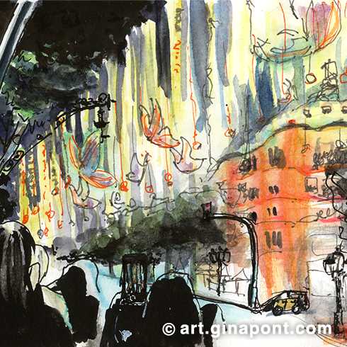 With this urban sketch I intended to capture the inauguration of the butterfly Christmas lights, installed in Passeig de Gràcia.