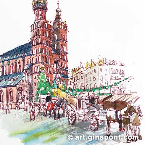 Ink and watercolor drawing done live during my trip to Krakow at Christmas.