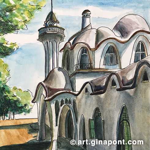 Urban sketch in ink and watercolor of the Masia Freixa. I was struck by its rounded profiles.