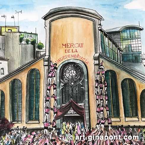 Urban sketch in ink and watercolor of the Mercat de la Independència together with els castelleres Minyons de Terrassa. It is the central market of Terrasa and traditionally the most important of the city.