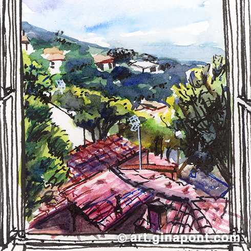 I made this drawing the weekend that it was rumored that we would be confined because of the pandemic. I was in Cabrils, a village full of pine trees and these are the views from my window.