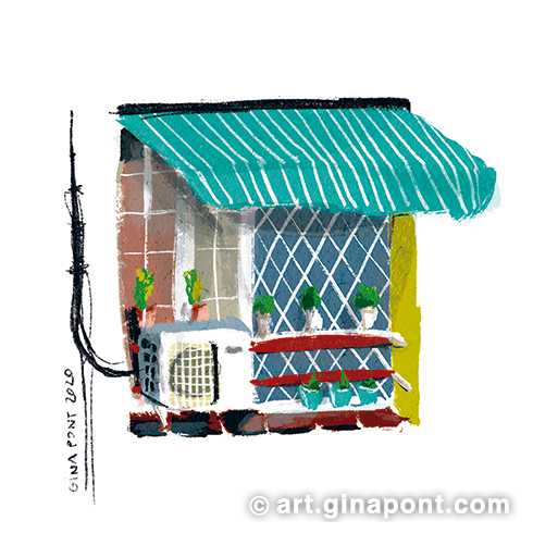 During the confinement we could not go outside so I digitally drew urban elements that I could see from my house. Specifically, I drew this window because its green and white striped awning caught my attention.