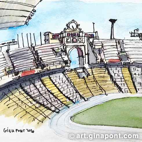 Watercolor and rotring sketch of Estadi Olímpic facilities. It was drawn on the occasion of 48H Open House festival.