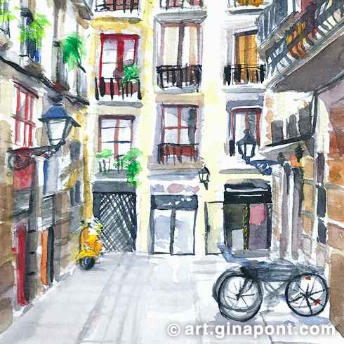Milans Street facades in Barcelona made with the following art supplies: 2B pencil and Daler-Rowney brushes on 300 gsm cold-pressed paper, Canson XL