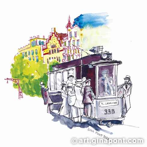 Watercolor and rotring Gina Pont's urban sketch of an old tram in Barcelona, in Passeig de Gràcia Street. It shows a tram painted in dark red with men with hat ridding on it. The background, Passeig de Gràcia, is colorful.